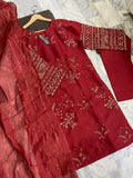 Elegant Maroon Cotton Embroidered 3 Piece Women's Suit