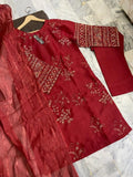 Elegant Maroon Cotton Embroidered 3 Piece Women's Suit