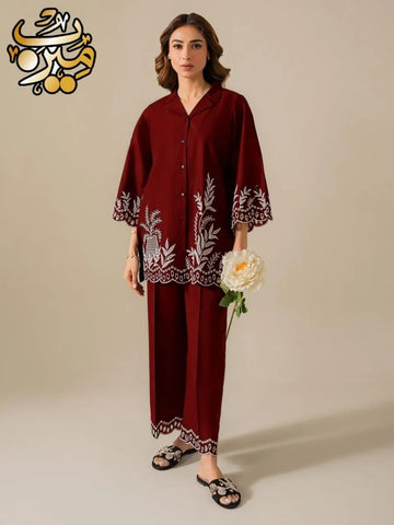 Elegant Maroon Cotton Chikankari Embroidered 2 Piece Set for Women