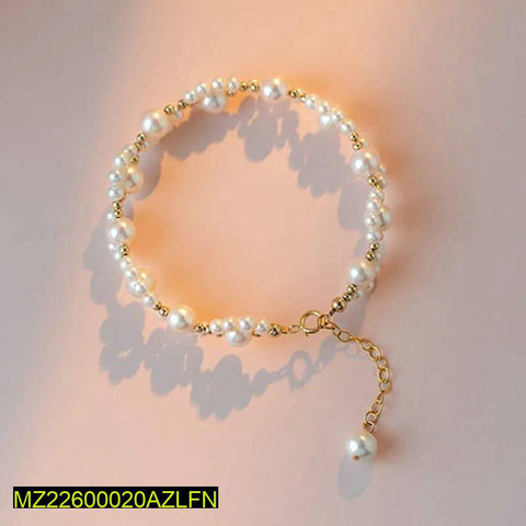 Golden Imitation Pearl Resin Bracelet with Rhinestones