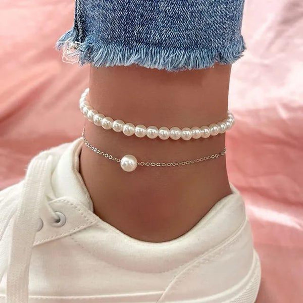 Silver Pearl Anklet Set - 2-Piece Alloy Anklets (20cm + 5cm)