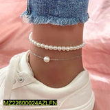 Silver Pearl Anklet Set - 2-Piece Alloy Anklets (20cm + 5cm)