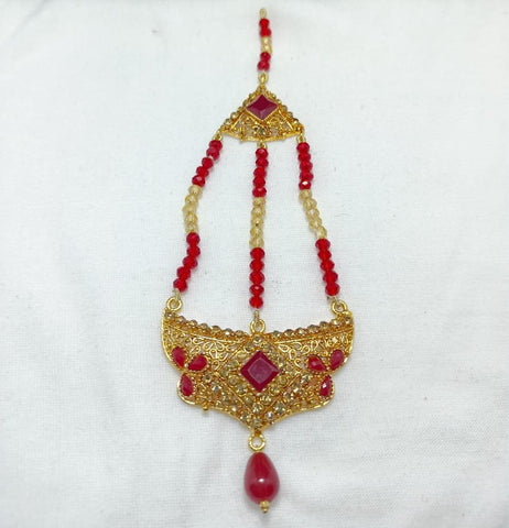 Resin Polish Jhumar - Red Stone Casting Tikka for Women