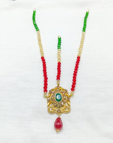 Elegant Golden Matha Patti with Green & Red Stones — Slim Design