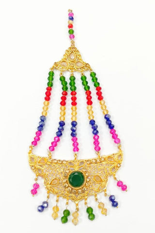 Golden Zircon Jhumar Hair Tikka — Elegant Bridal Jhoomar Accessory