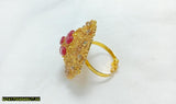 Gold-Plated Zircon Adjustable Ring - Maroon & Multi-Stone Accent