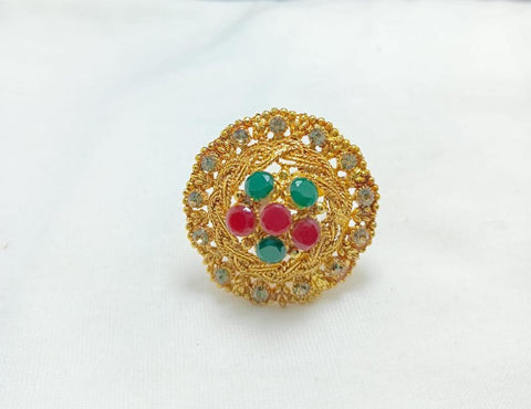 Gold-Plated Zircon Adjustable Ring - Maroon & Multi-Stone Accent