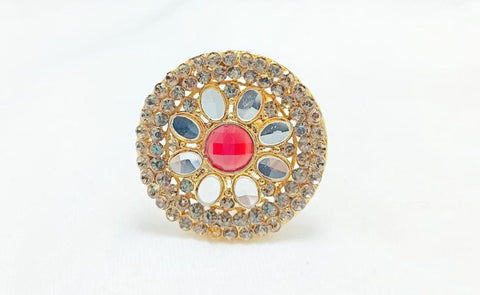 Gold-Plated Zircon Adjustable Ring — Maroon, Green & Pearl Accents