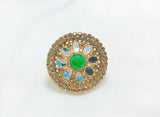 Gold-Plated Zircon Adjustable Ring — Maroon, Green & Pearl Accents