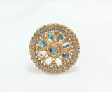 Gold-Plated Zircon Adjustable Ring — Maroon, Green & Pearl Accents