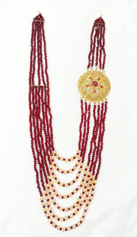7-Layer Maroon Brooch Mala Necklace – Statement Party Jewelry