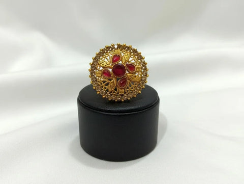 Adjustable Maroon & Gold Fashion Ring - Elegant Casting