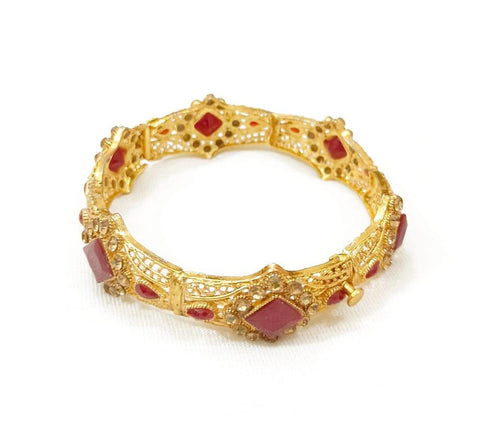 Gold-Plated Kara Bangle with Maroon Artificial Stones - Elegant