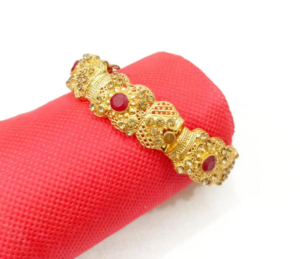 Gold-Plated Maroon Stone Kara Bangle — Slim Elegant Casting Bracelet