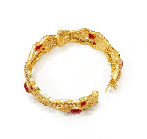 Gold-Plated Kara Bangle with Maroon Artificial Stones, Slim Elegance