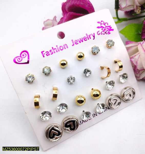 Pack of 12 Golden Artificial Stone Ear Studs – Alloy Fashion Set
