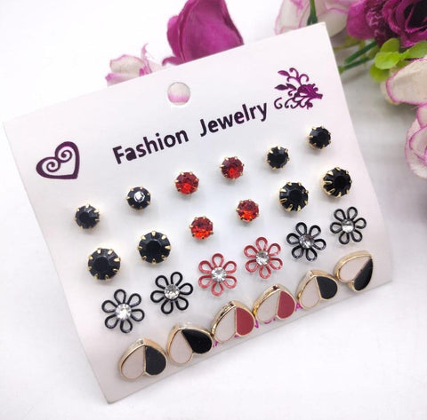 Golden Artificial Stone Ear Studs - Pack of 12 | Alloy Fashion