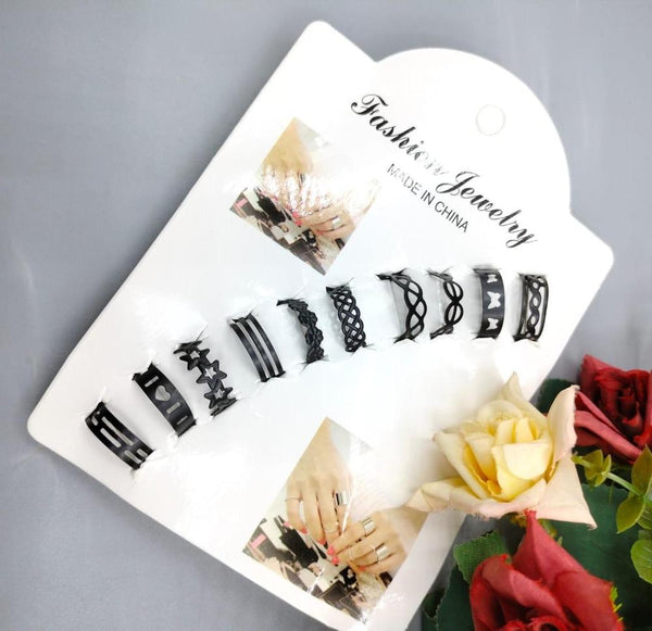 Adjustable Black Alloy Ring Set – Pack of 10 Multi-Design Rings