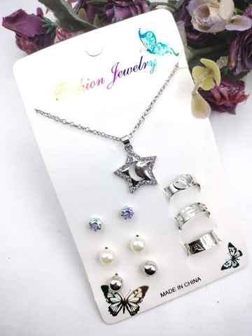 7-Piece Silver-Plated Pendant Set — Modern Pendant, Earrings & Rings