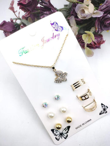 7-Piece Golden-Plated Pendant Set — Modern Necklace, Earrings & Rings