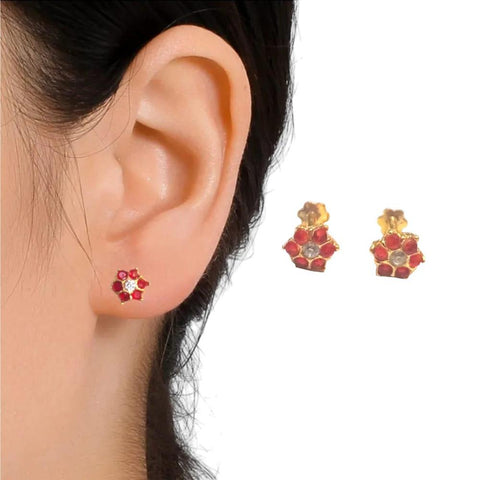 2-Piece Flower Red Zircon Gold-Plated Ear Studs — 8mm