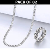 Stainless Steel Silver Chain & Ring Set — Pack of 2 (Sizes 18, 19, 20)