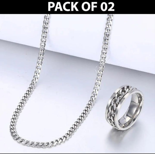 Stainless Steel Silver Chain & Ring Set — Pack of 2 (Sizes 18, 19, 20)