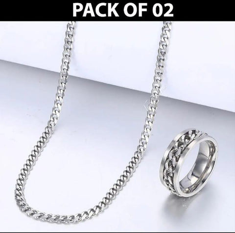 Stainless Steel Silver Chain & Ring Set — Pack of 2 (Sizes 18, 19, 20)