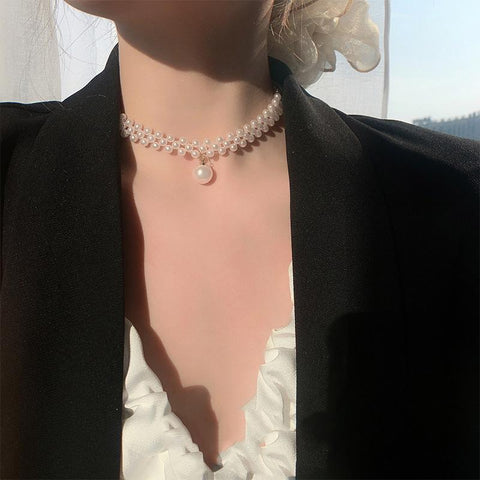 Pearl & Rhinestone Resin Choker — Adjustable White Statement Necklace