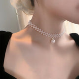 Pearl & Rhinestone Resin Choker — Adjustable White Statement Necklace