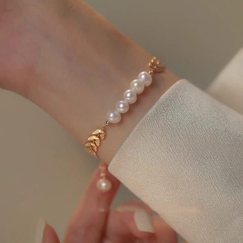 Leaf Pearl Gold-Tone Bracelet for Girls — Delicate 7mm Band