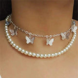 Butterfly Double-Layer Pearl Choker Necklace — Adjustable White