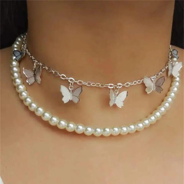 Butterfly Double-Layer Pearl Choker Necklace — Adjustable White