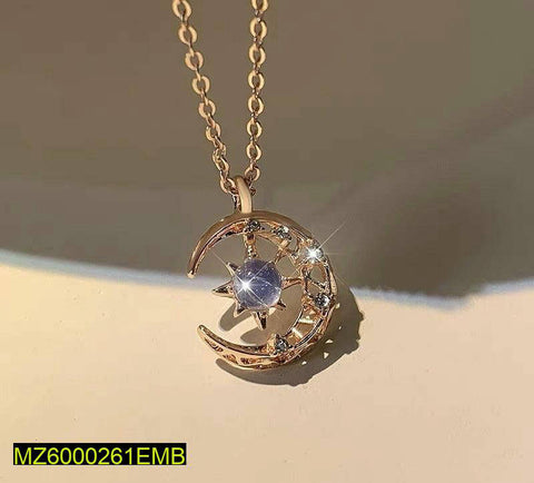 Golden Moon Pendant with Aqua Curb Chain – Elegant Necklace