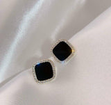 Paint Black Stone Golden Metal Earrings – Small Elegant Pair