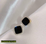 Paint Black Stone Golden Metal Earrings – Small Elegant Pair