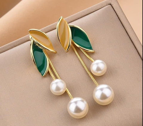 Gold Plated Pearl Earrings with Green Accent - The Embellishers
