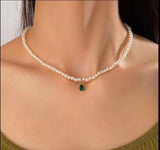 Green Pearl Stone Rhinestone Gold-Plated Pendant for Women - Elegant