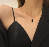 Gold-Plated Black Stone Pendant - Elegant Alloy Necklace