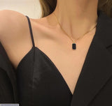 Gold-Plated Black Stone Pendant - Elegant Alloy Necklace