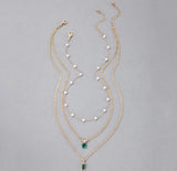Gold-Plated White Pearl & Green Stone Pendant Necklace