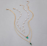 Gold-Plated White Pearl & Green Stone Pendant Necklace