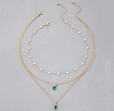 Gold-Plated White Pearl & Green Stone Pendant Necklace