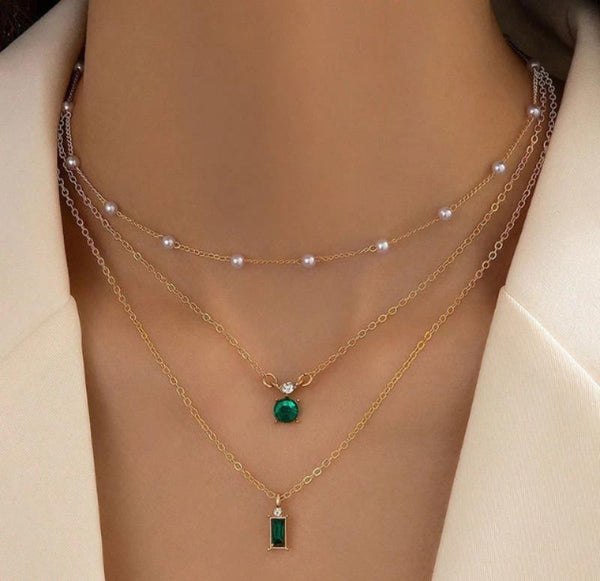 Gold-Plated White Pearl & Green Stone Pendant Necklace