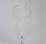Gold-Plated White Pearl & Green Stone Pendant Necklace