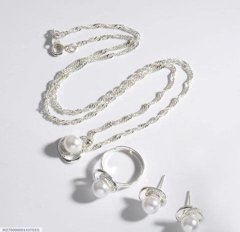 Silver-Plated Pearl Artificial Jewelry Set — 3-Piece Off-White