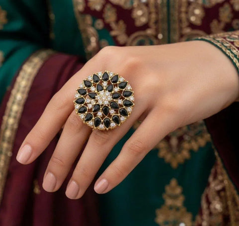 Gold-Plated Adjustable Statement Ring — Black, Green & Maroon