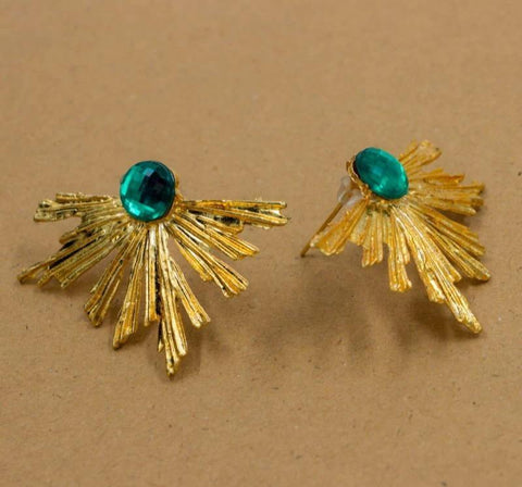 Gold-Plated Leaf Stud Earrings with Dark Green Stones