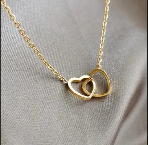 Double Heart Necklace — Gold-Tone Alloy Pendant, Romantic Gift