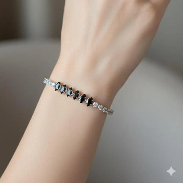 Sterling Silver Bolo Bracelet — Black Marquise Stones, Adjustable